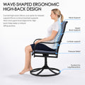 Kozyard ergonomic high-back outdoor swivel patio chair designed with a wave-shaped backrest for neck, upper back and lumbar support. Breathable blue Textilene seating offers pressure relief while curved armrests and a stable round metal base enhance comfort, making this supportive patio chair ideal for porch, deck, backyard, balcony and outdoor relaxation.