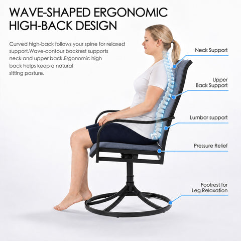 Kozyard ergonomic high-back outdoor swivel patio chair designed with a wave-shaped backrest for neck, upper back and lumbar support. Breathable blue Textilene seating offers pressure relief while curved armrests and a stable round metal base enhance comfort, making this supportive patio chair ideal for porch, deck, backyard, balcony and outdoor relaxation.