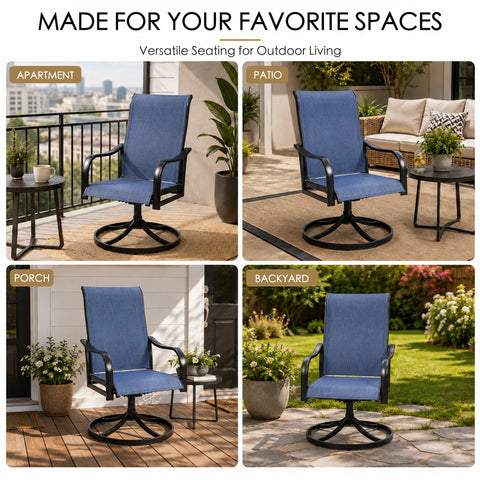 Kozyard versatile outdoor swivel patio chair shown in apartment balcony, patio, porch and backyard settings. Featuring a blue breathable Textilene high back, black metal frame, curved armrests and 360-degree swivel base, this space-saving outdoor chair is ideal for small balconies, decks, gardens, poolside areas and comfortable outdoor living spaces.