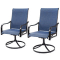 Kozyard set of 2 blue outdoor swivel patio chairs with breathable Textilene high-back seats, supportive curved armrests, durable black metal frames and stable 360-degree swivel bases. Comfortable all-weather patio seating for deck, porch, balcony, backyard, garden or poolside use, perfect as outdoor dining chairs, conversation chairs or patio furniture.

