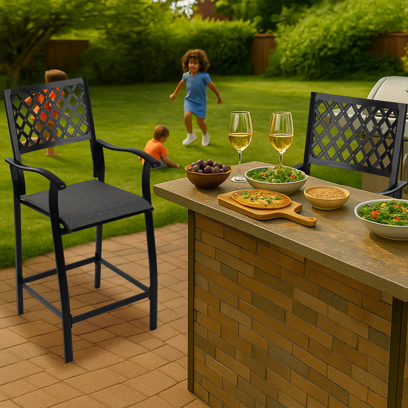 2 Pieces Patio Bar Chairs Outdoor Bar Stools with Wrought Iron Frame and Textilene Fabric