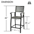 Kozyard outdoor bar stool dimension chart showing exact seat width depth and overall height, durable metal highback patio chair with 260 lbs weight capacity specification for commercial and home use.