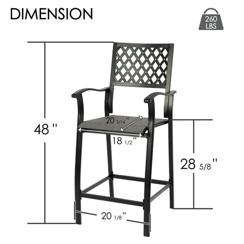Kozyard outdoor bar stool dimension chart showing exact seat width depth and overall height, durable metal highback patio chair with 260 lbs weight capacity specification for commercial and home use.