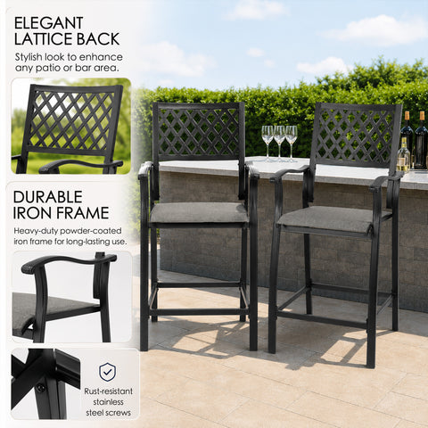 Kozyard durable iron frame outdoor barstools featuring elegant lattice back design and rust-resistant stainless steel screws, heavy-duty powder-coated patio dining chairs for long-lasting use.