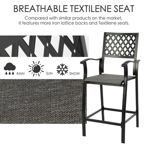 Kozyard all weather breathable textilene seat patio bar chairs, quick-dry and water-resistant outdoor fabric material mesh stools designed to withstand heavy rain, hot sun, and winter snow.