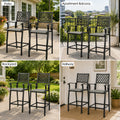 Kozyard versatile patio bar stools displayed in multiple scenes including outdoor yard, apartment balcony, backyard porch, and indoor hallway, flexible space-saving seating solution for home.