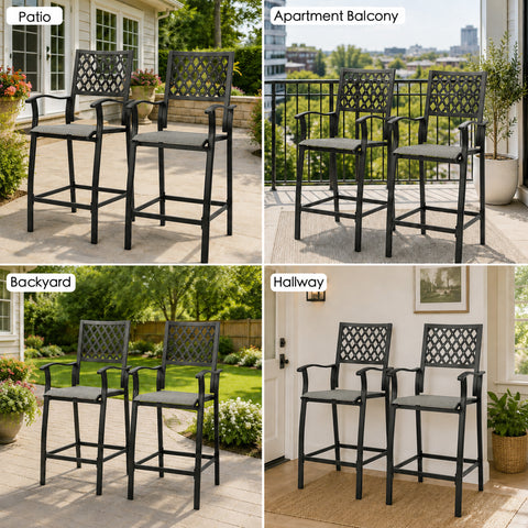 Kozyard versatile patio bar stools displayed in multiple scenes including outdoor yard, apartment balcony, backyard porch, and indoor hallway, flexible space-saving seating solution for home.