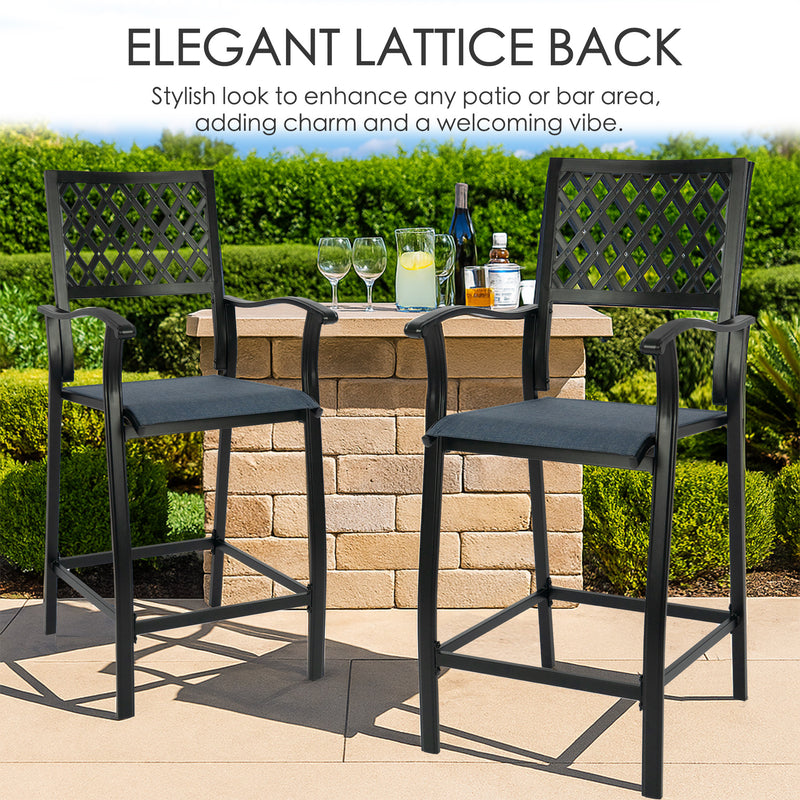 2 Pieces Patio Bar Chairs Outdoor Bar Stools with Wrought Iron Frame and Textilene Fabric