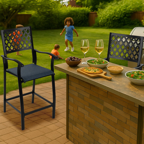 2 Pieces Patio Bar Chairs Outdoor Bar Stools with Wrought Iron Frame and Textilene Fabric