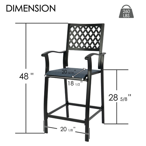 Kozyard outdoor bar stool dimension chart showing exact seat width depth and overall height, durable metal highback patio chair with 260 lbs weight capacity specification for commercial and home use.