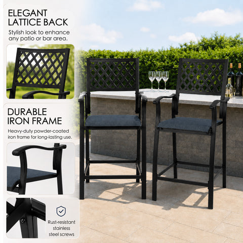 Kozyard durable iron frame outdoor barstools featuring elegant lattice back design and rust-resistant stainless steel screws, heavy-duty powder-coated patio dining chairs for long-lasting use.