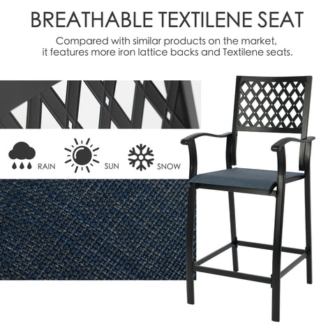 Kozyard all weather breathable textilene seat patio bar chairs, quick-dry and water-resistant outdoor fabric material mesh stools designed to withstand heavy rain, hot sun, and winter snow.