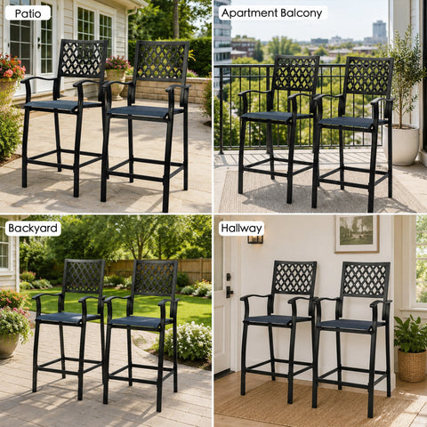 Kozyard versatile patio bar stools displayed in multiple scenes including outdoor yard, apartment balcony, backyard porch, and indoor hallway, flexible space-saving seating solution for home.