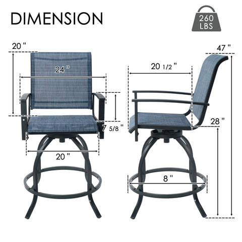 kozyard Patio Swivel Bar Stools, Outdoor Bar Height Chairs with Clear Dimensions, 260 LBS Load Capacity, Breathable Textilene Fabric & Sturdy Metal Frame, Ideal for Patio, Porch, Garden
