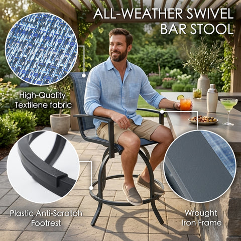 kozyard All-Weather Swivel Bar Stools, Outdoor Patio Bar Chairs with High-Quality Textilene Fabric, Wrought Iron Frame & Anti-Scratch Footrest, 360° Swivel for Patio, Poolside, Garden
