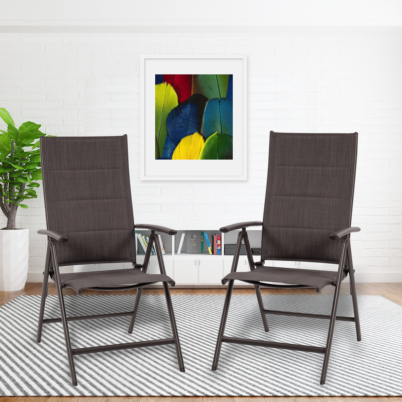 Indoor Seating Set with Dark Gray Chairs
A pair of dark gray folding chairs placed on a striped rug indoors, with a colorful framed picture, bookshelf, and potted plant in the background. Keywords: indoor seating, dark gray chairs, folding chairs