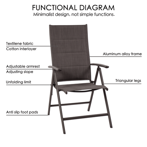 Functional Diagram of a Modern Folding Chair
A functional diagram of a dark gray folding chair, highlighting its features such as Textilene fabric with a cotton interlayer, adjustable armrests, aluminum alloy frame, triangular legs, anti - slip foot pads, and unfolding limit. Keywords: folding chair, functional diagram, Textilene fabric, aluminum alloy frame