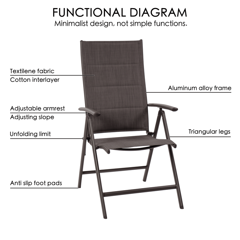 Functional Diagram of a Modern Folding Chair
A functional diagram of a dark gray folding chair, highlighting its features such as Textilene fabric with a cotton interlayer, adjustable armrests, aluminum alloy frame, triangular legs, anti - slip foot pads, and unfolding limit. Keywords: folding chair, functional diagram, Textilene fabric, aluminum alloy frame