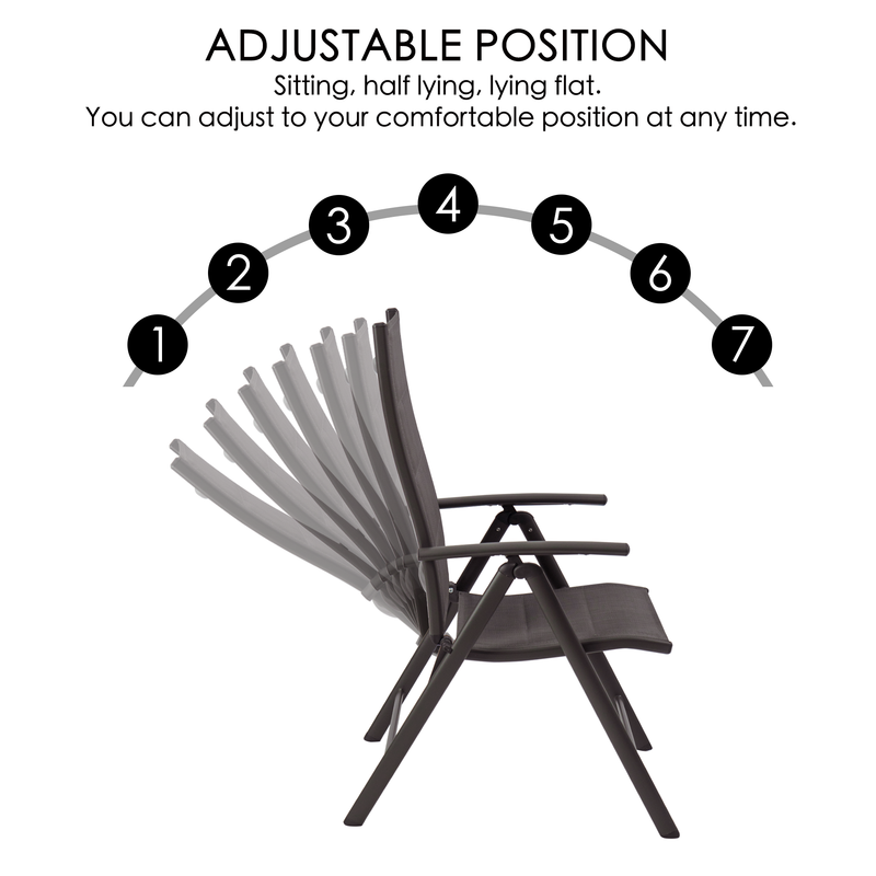 Adjustable Position Chair - Versatile Comfort
An illustration of a chair with adjustable positions, showing seven different settings ranging from sitting to lying flat, allowing users to find their comfortable posture. Keywords: adjustable position chair, versatile seating