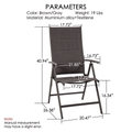 Folding Chair Parameters - Dimensions and Material
A diagram showing the dimensions and specifications of a folding chair, including color (Brown/Gray), weight (19 Lbs), and materials (Aluminium alloy + Textilene). Keywords: folding chair parameters, dimensions, material