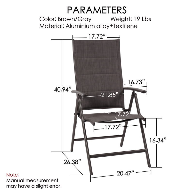Folding Chair Parameters - Dimensions and Material
A diagram showing the dimensions and specifications of a folding chair, including color (Brown/Gray), weight (19 Lbs), and materials (Aluminium alloy + Textilene). Keywords: folding chair parameters, dimensions, material