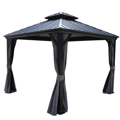 kozyard Stylish Black Metal Gazebo with Curtains
alt text：A black metal gazebo featuring a slanted roof and draped curtains, ideal for outdoor gatherings and relaxation. Keywords: black metal gazebo, outdoor curtains, outdoor shelter
