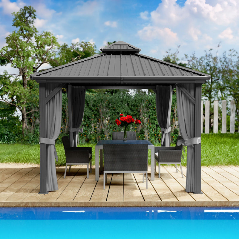 Elegant Gray Gazebo for Poolside Entertaining
alt text：A gray gazebo with draped curtains, set by a pool and furnished with a dining table, chairs, and a vase of red flowers, perfect for outdoor gatherings. Keywords: gray gazebo, poolside, outdoor dining, curtains
