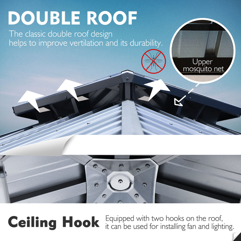 Gazebo with Double Roof and Ceiling Hook Features
alt text：An image highlighting a gazebo's double roof design for improved ventilation and durability, along with an upper mosquito net and ceiling hooks for fan and lighting installation. Keywords: gazebo, double roof, mosquito net, ceiling hook