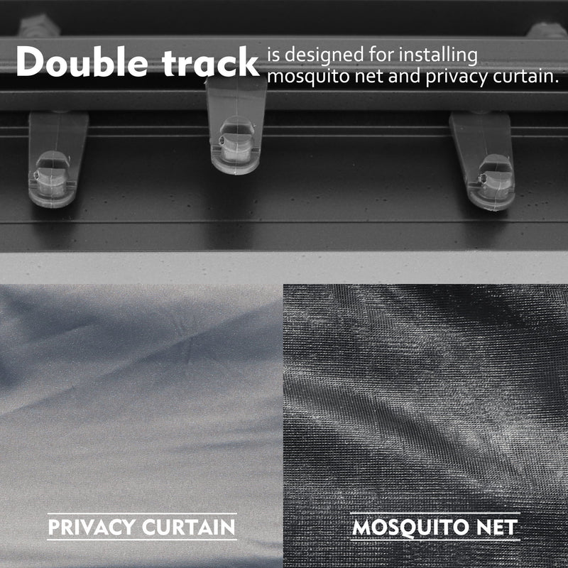 Gazebo Double Track for Accessories
alt text：An image showing a double track system on a gazebo, designed for installing a mosquito net and privacy curtain. Keywords: gazebo double track, mosquito net, privacy curtain