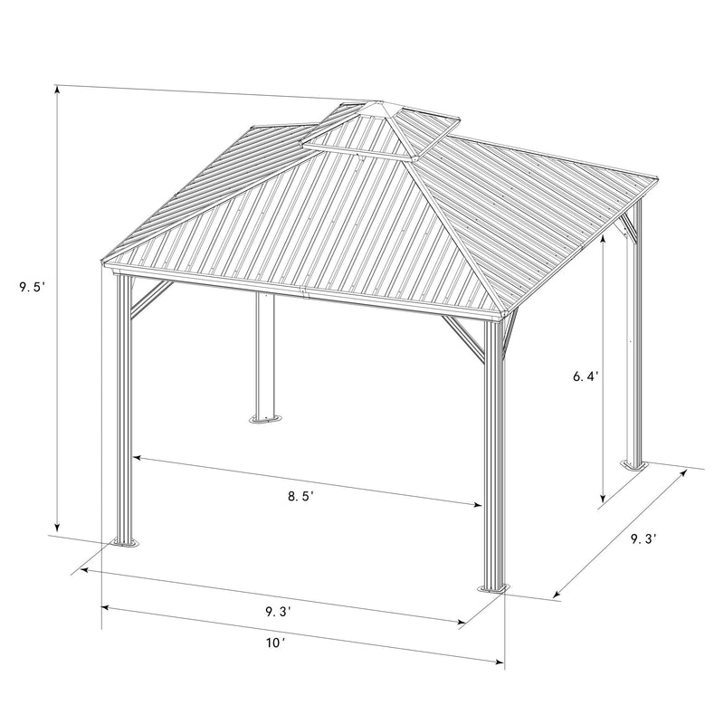 Dimensions of the Gazebo
alt text：A technical drawing showing the dimensions of a gazebo, including height and width measurements for each part. Keywords: gazebo, dimensions, technical drawing
