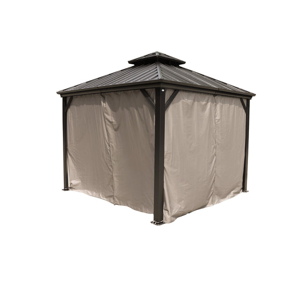 Octagonal Gazebo with Enclosure
An octagonal gazebo featuring a metal roof and a beige enclosure, providing privacy and protection. Keywords: octagonal gazebo, metal roof, enclosure
