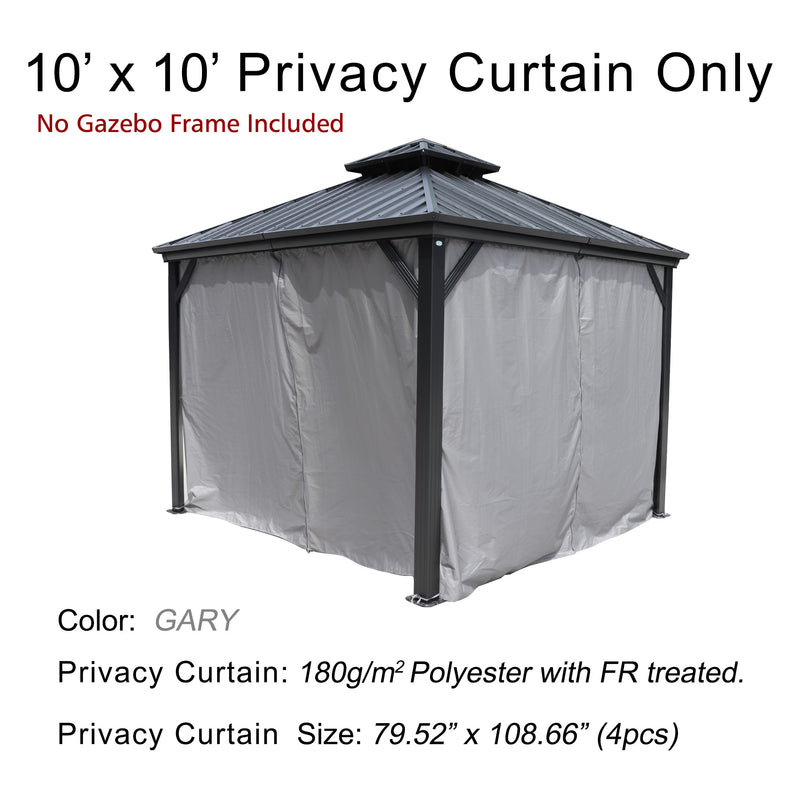 10' x 10' Gray Privacy Curtain for Gazebo (Frame Not Included)
A 10' x 10' gray privacy curtain for gazebo, made of 180g/m² FR - treated polyester, sold in a set of 4. Frame not included. Keywords: gazebo privacy curtain, gray curtain, FR - treated polyester
