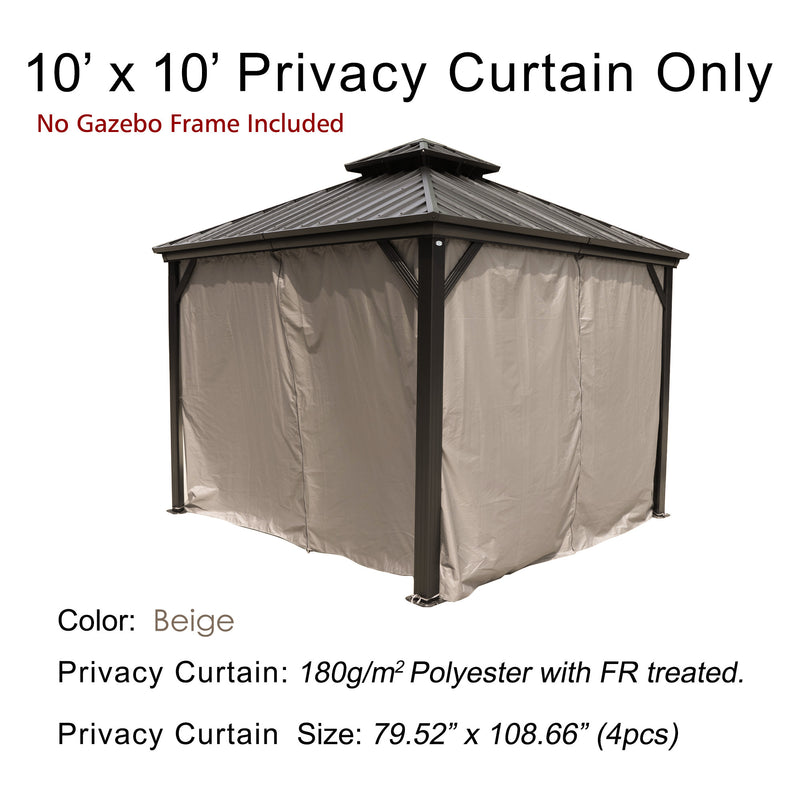 10' x 10' Beige Privacy Curtain for Gazebo (Frame Not Included)
A 10' x 10' beige privacy curtain for gazebo, made of 180g/m² FR - treated polyester, sold in a set of 4. Frame not included. Keywords: gazebo privacy curtain, beige curtain, FR - treated polyester