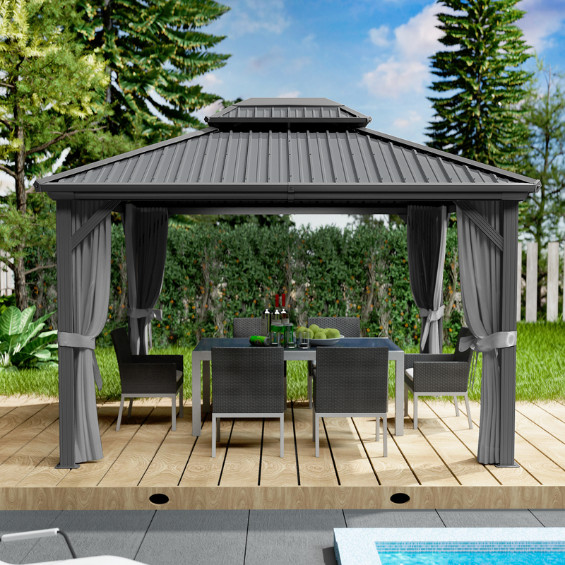 Gray Gazebo for Outdoor Dining by the Pool
alt text：A gray - roofed gazebo with draped curtains, featuring an outdoor dining setup by the pool, surrounded by greenery. Keywords: gray gazebo, outdoor dining, poolside, curtains
