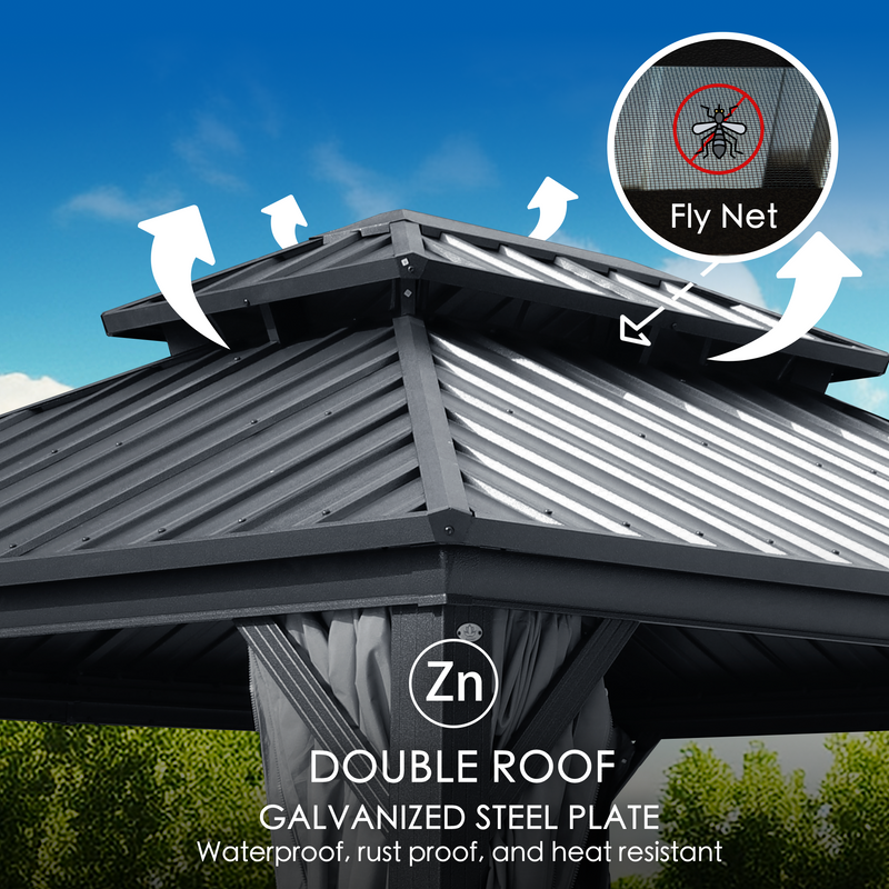 Gazebo with Double Roof and Fly Net Features
alt text：A close - up of a gazebo's roof, highlighting its double roof design made of galvanized steel plate, along with a fly net for protection. Keywords: gazebo, double roof, galvanized steel plate, fly net
