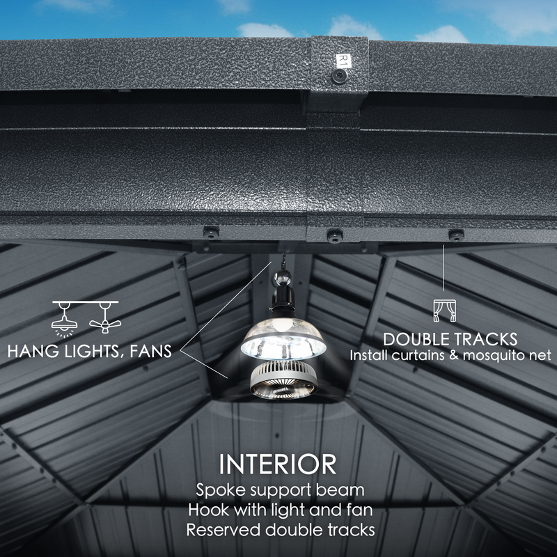 Gazebo Interior with Functional Features
alt text：An image of a gazebo's interior, highlighting features like spoke support beams, hooks for lights and fans, and double tracks for curtains and mosquito nets. Keywords: gazebo interior, spoke support beam, light and fan hooks, double tracks