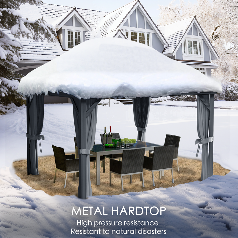 Snow - Resistant Metal Hardtop Gazebo
alt text：A gazebo with a metal hardtop covered in snow, demonstrating its high - pressure resistance and disaster - resistant properties, with an outdoor dining setup underneath. Keywords: metal hardtop gazebo, snow resistance, high pressure resistance