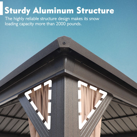 Sturdy Aluminum Gazebo Structure
alt text：A close - up of a gazebo's corner, highlighting its sturdy aluminum structure with a high snow - loading capacity of over 2000 pounds. Keywords: sturdy aluminum structure, gazebo, snow - loading capacity
