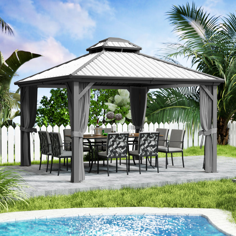 Gray Gazebo for Poolside Outdoor Dining
alt text：A gray - roofed gazebo with draped curtains, featuring an outdoor dining setup by the pool, surrounded by greenery and a white fence. Keywords: gray gazebo, poolside, outdoor dining, curtains
