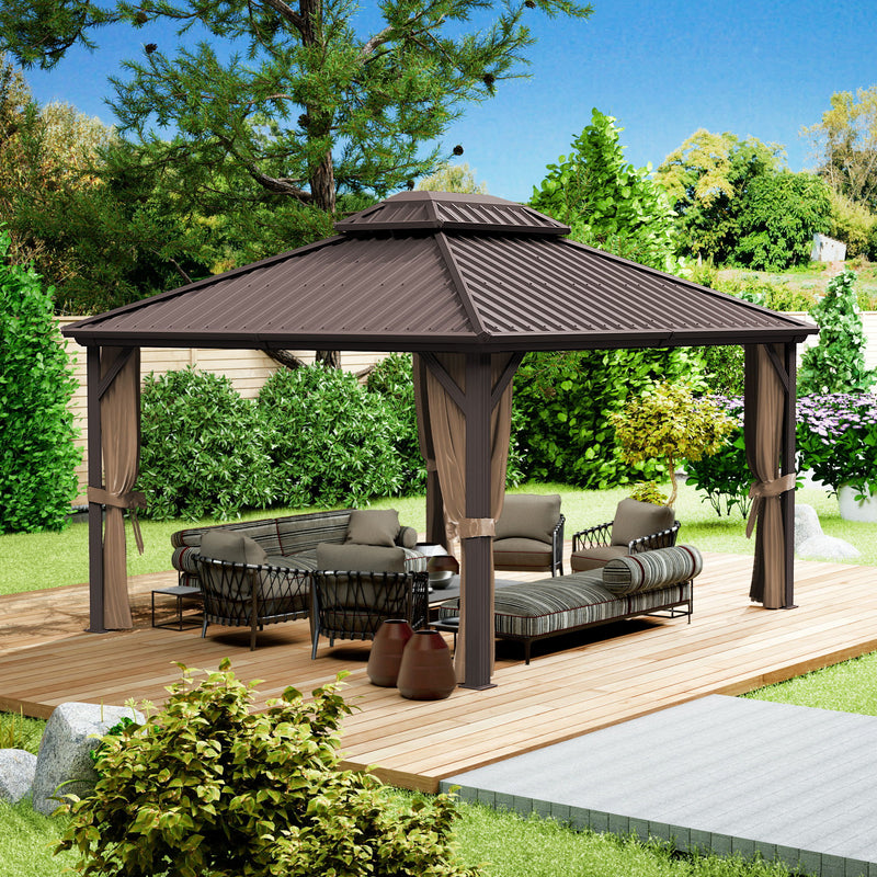 Brown - Roofed Outdoor Relaxation Gazebo
alt text：A brown - roofed gazebo with beige curtains, featuring an outdoor lounge area with comfortable seating, surrounded by lush greenery. Keywords: brown - roofed gazebo, outdoor relaxation, beige curtains

