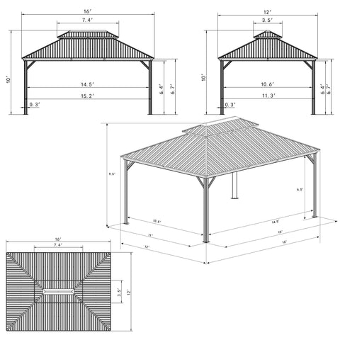 Kozyard Hardtop Gazebo - Permanent Metal Pavilion with Netting and Shaded Curtains for Patio, Backyard, Deck - Galvanized Steel Outdoor Aluminum Canopy, Double Roof Gazebo