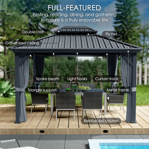 Kozyard Hardtop Gazebo - Permanent Metal Pavilion with Netting and Shaded Curtains for Patio, Backyard, Deck - Galvanized Steel Outdoor Aluminum Canopy, Double Roof Gazebo