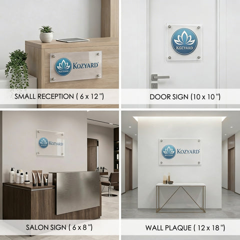 Kozyard Clear Acrylic Business Sign – Multiple sizes, premium transparent acrylic, custom logo & text, versatile for reception & salon
