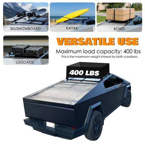 kozyard Tesla Cybertruck Roof Rack Cross Bars, 400 lbs Max Load Capacity, Multi-Purpose Cargo Carrier for Ski, Snowboard, Kayak, Luggage, Full Aluminum Rust-Resistant Build
