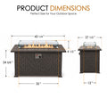 Kozyard outdoor propane fire pit table dimensions show a spacious 43 1/4 inch wide by 27 1/2 inch deep rectangular gas fire table with a 24 3/8 inch base height, 32 inch cabinet width and 12 inch cabinet depth. The clear glass wind guard adds approximately 4 1/2 inches above the tabletop. A practical size for patios, decks, backyards and outdoor conversation areas, this Kozyard fire table combines heat, tabletop space and modern patio furniture design.