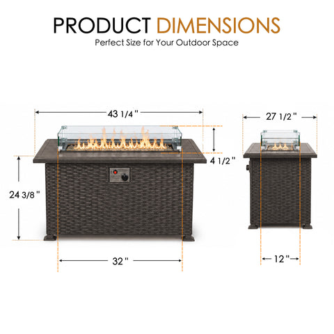 Kozyard outdoor propane fire pit table dimensions show a spacious 43 1/4 inch wide by 27 1/2 inch deep rectangular gas fire table with a 24 3/8 inch base height, 32 inch cabinet width and 12 inch cabinet depth. The clear glass wind guard adds approximately 4 1/2 inches above the tabletop. A practical size for patios, decks, backyards and outdoor conversation areas, this Kozyard fire table combines heat, tabletop space and modern patio furniture design.