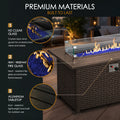 Kozyard propane fire pit table features premium outdoor materials including an HD clear glass wind guard for flame protection and unobstructed views, heat-resistant blue fire glass that enhances the natural gas flame appearance, and a durable rust-resistant aluminum tabletop. The modern gray wicker fire pit base creates a stylish outdoor gas fire table designed for backyard, patio and deck use, offering durability, weather resistance and contemporary outdoor living style.