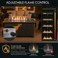 Kozyard adjustable propane fire pit table features easy flame height control from low to high, allowing customized warmth and ambiance for outdoor gatherings, patio dinners and relaxing evenings. The integrated ignition and control knob provide convenient operation, while built-in thermocouple flame failure safety protection automatically shuts off the gas supply if the flame goes out. A clean-burning outdoor gas fire table designed for safer, comfortable backyard and patio entertaining.