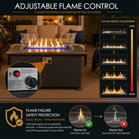 Kozyard adjustable propane fire pit table features easy flame height control from low to high, allowing customized warmth and ambiance for outdoor gatherings, patio dinners and relaxing evenings. The integrated ignition and control knob provide convenient operation, while built-in thermocouple flame failure safety protection automatically shuts off the gas supply if the flame goes out. A clean-burning outdoor gas fire table designed for safer, comfortable backyard and patio entertaining.