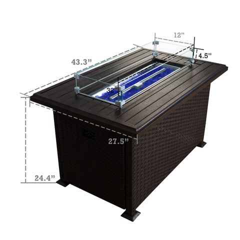 Kozyard 50,000 BTU Outdoor Wicker Patio Propane Gas Fire Pit Table w/Aluminum Tabletop, Glass Wind Guard, Clear Glass Rocks, Cover, Slide Out Tank Holder, and Lid (2 Color Options)
